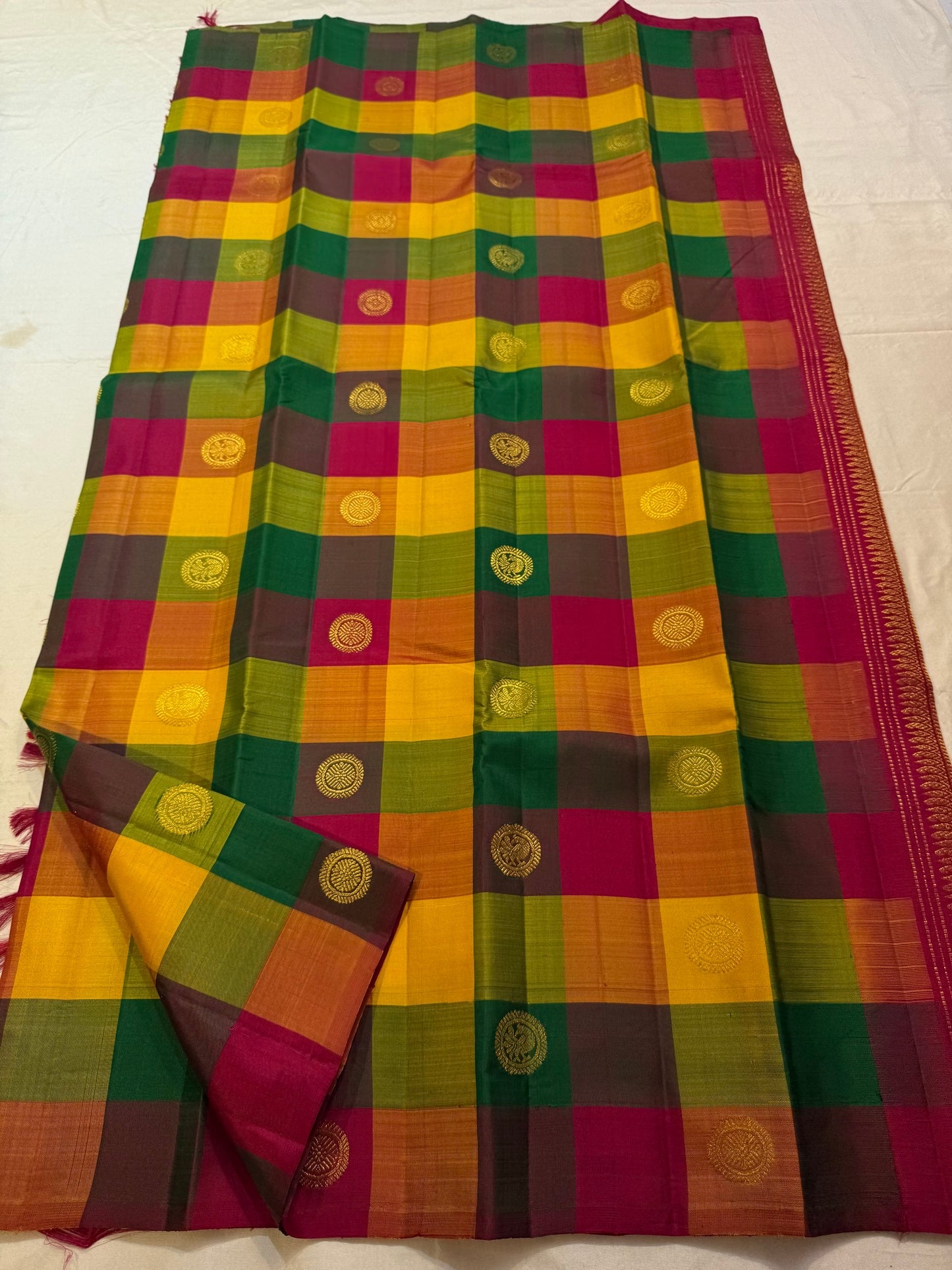 Multicolour pure silk Kanjeevaram saree — borderless paalum pazhamum, texture detail