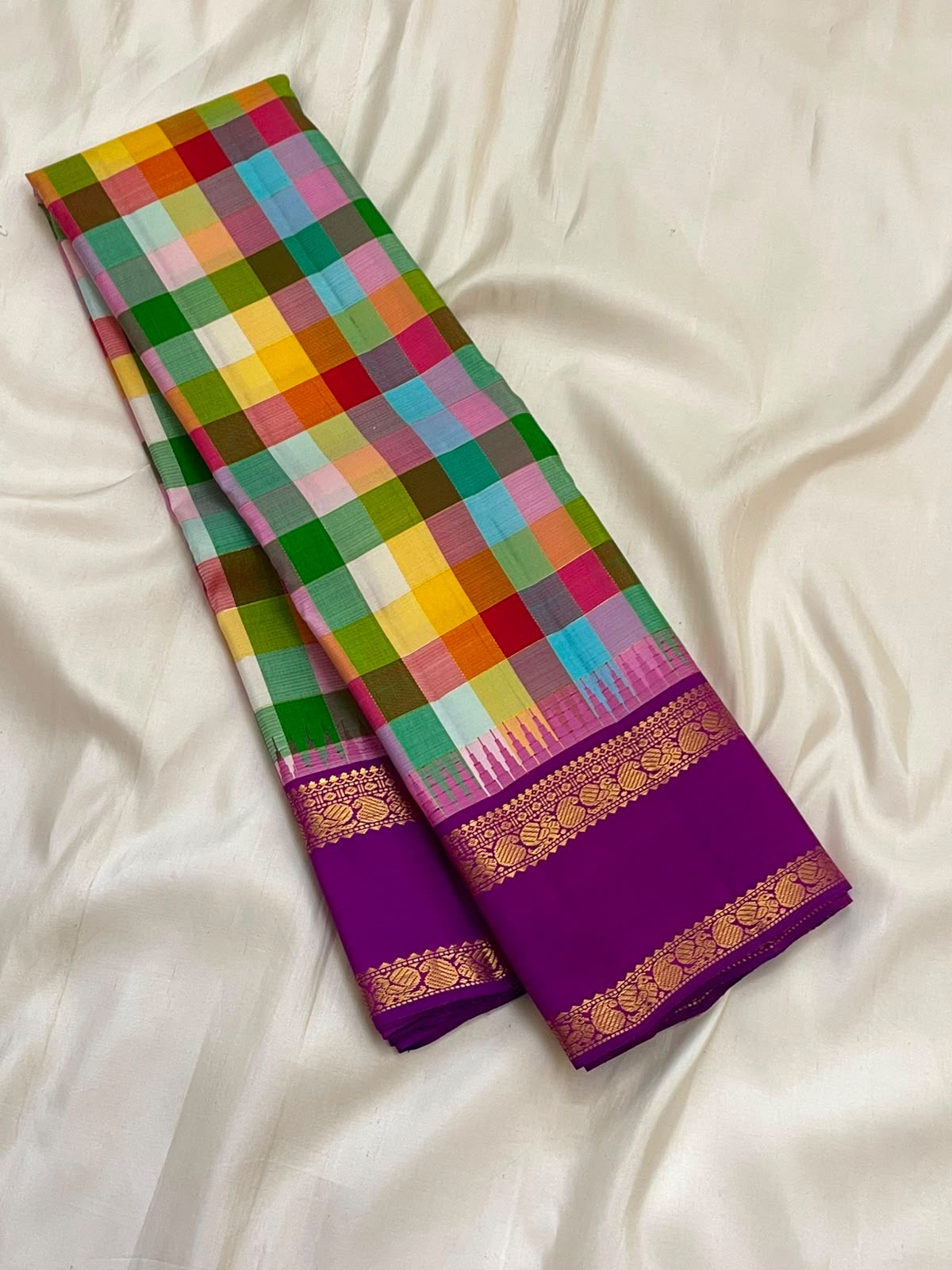 Multicolour checked Kanchipuram saree with Rettapet border, full view