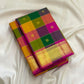 Multicolour checked Kanchipuram silk saree with gold border, folded view