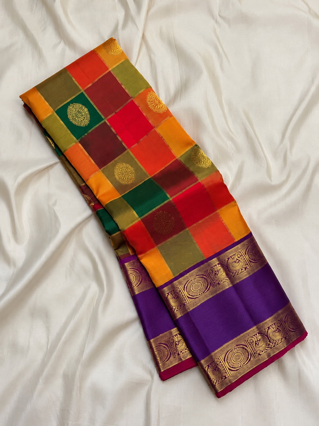 Full view of a multicolour checked Pure Silk Kanchipuram Paalum Pazhamum saree.