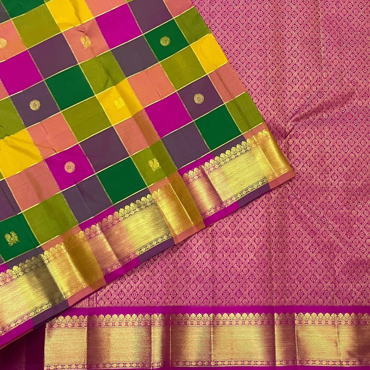 Multicolour checkered Kanjivaram pure silk saree