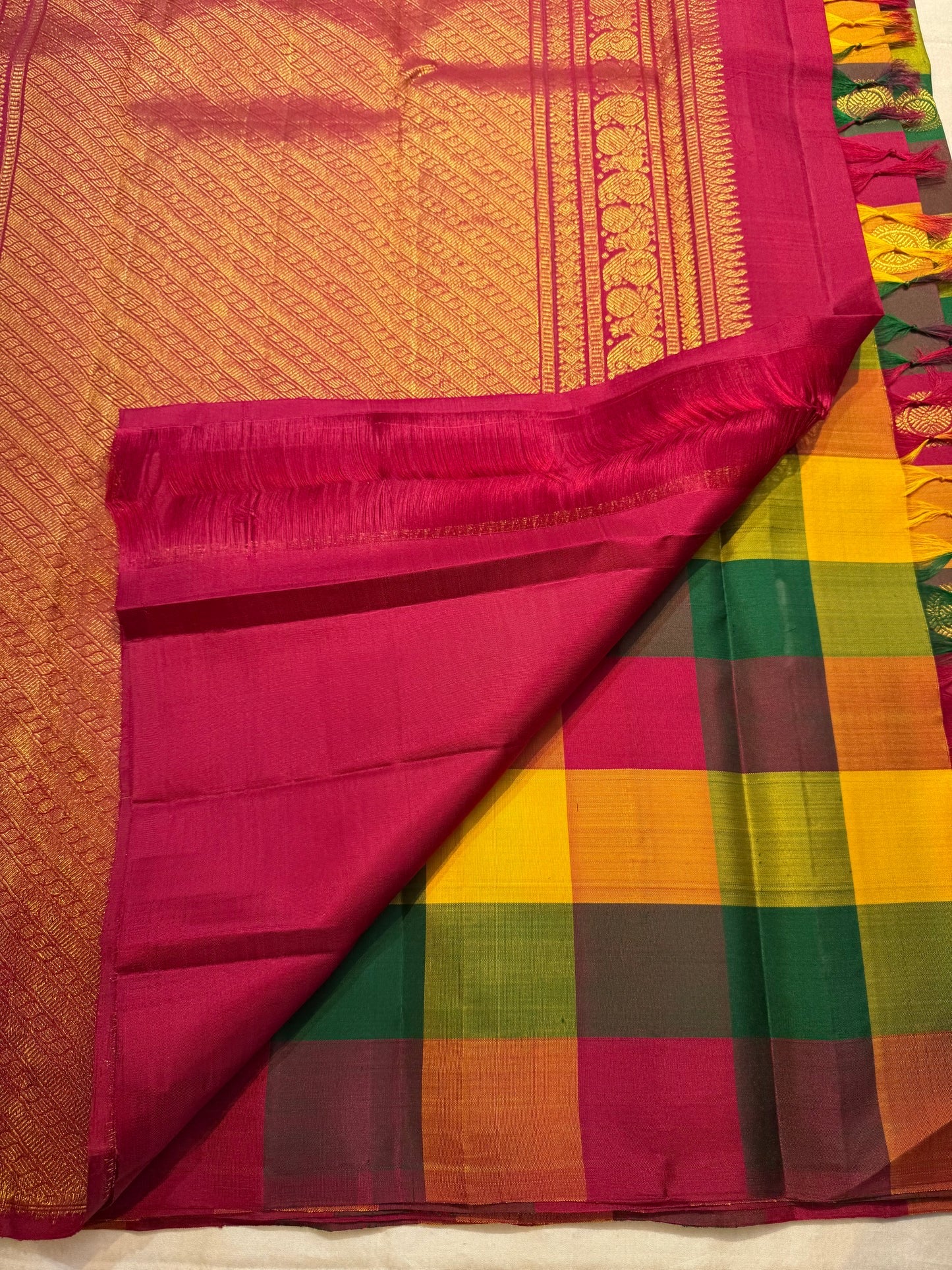 Multicolour pure silk Kanjeevaram saree — borderless checks close-up