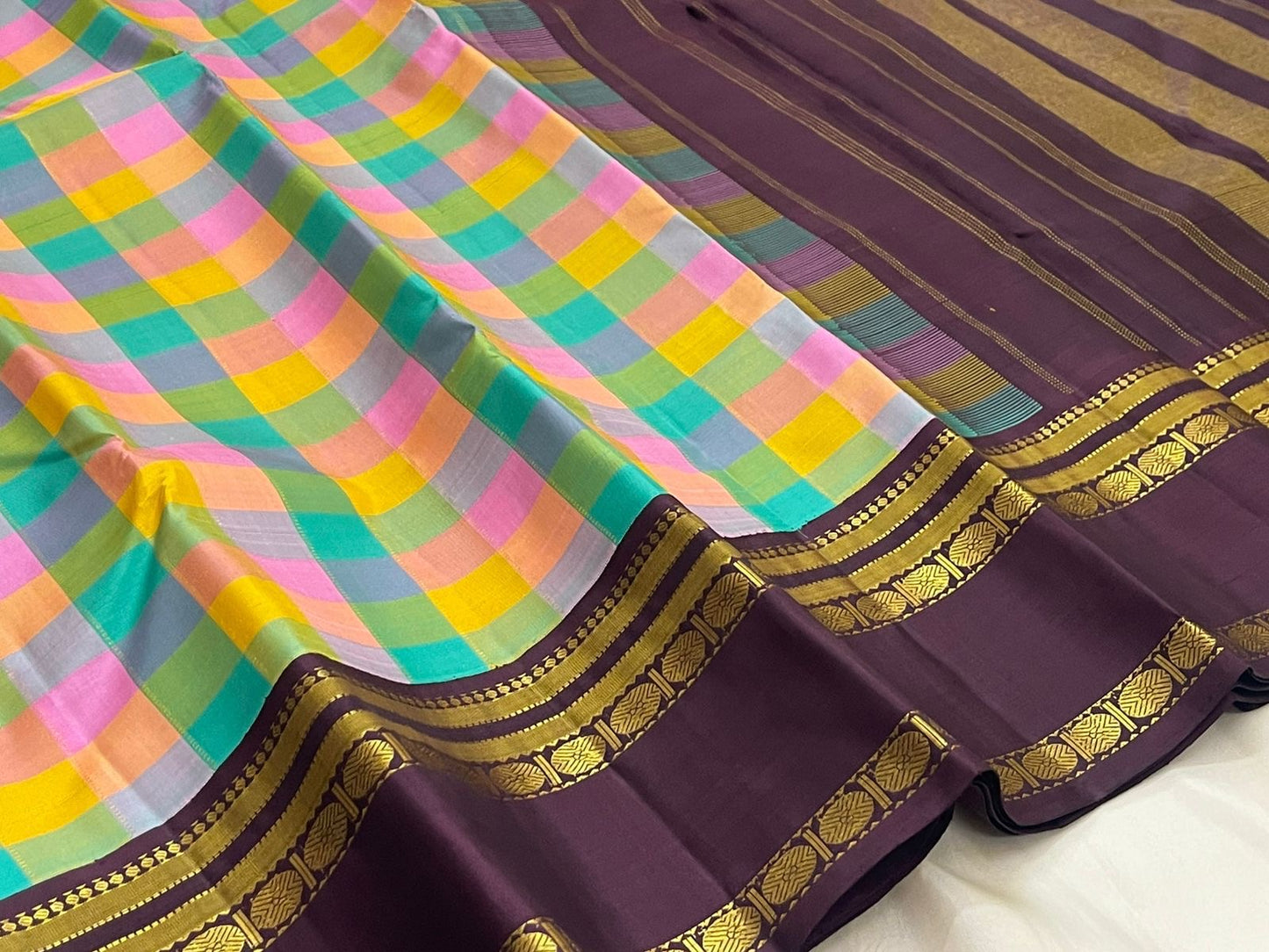 Multi-colour paalum pazhamum checks on Kancheepuram silk saree with brownish plum rettapet border — Idam Living