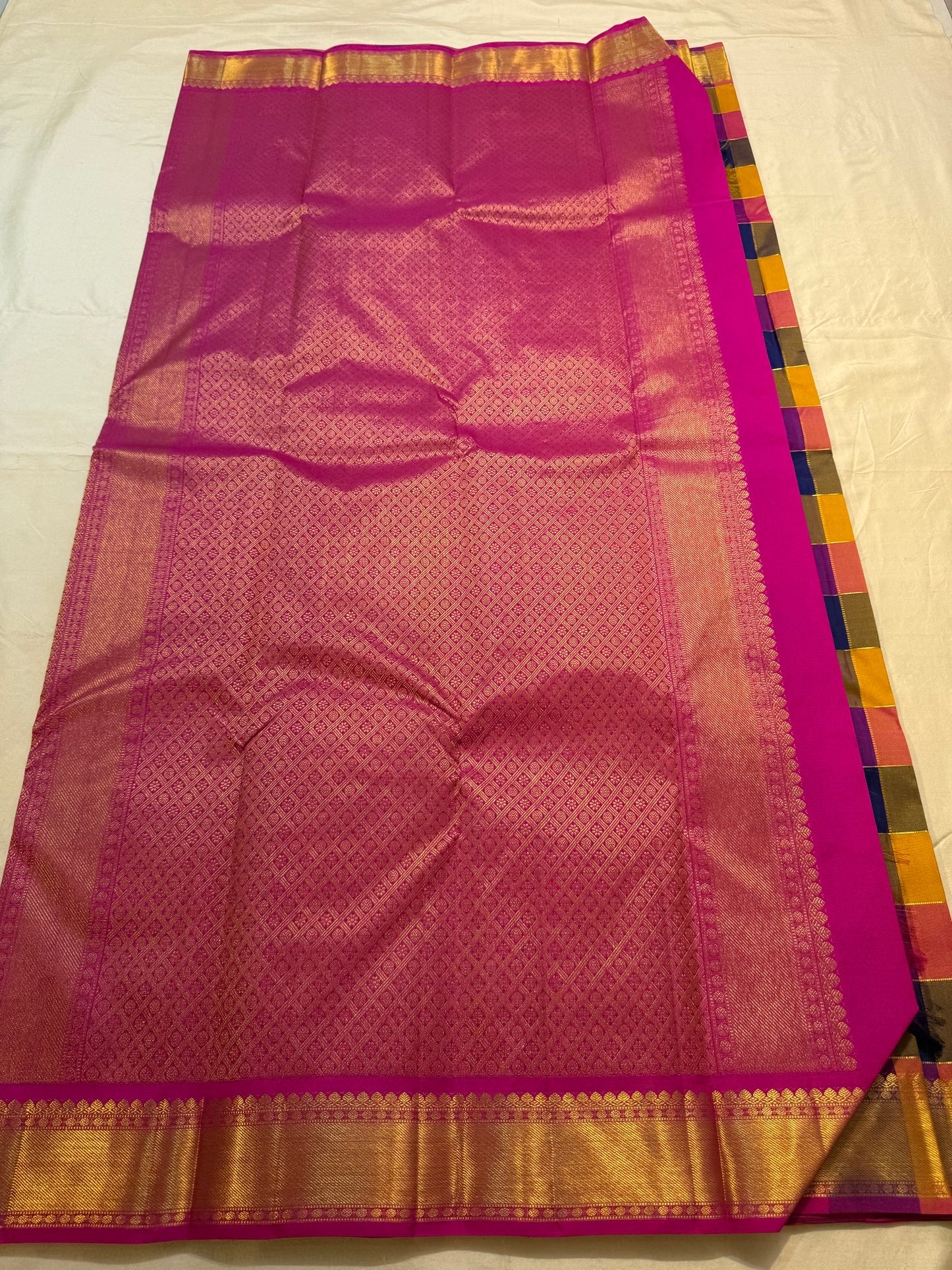 Purple canary yellow and coral paalum pazhamum checks on handwoven Kanchipuram silk saree — Idam Living
