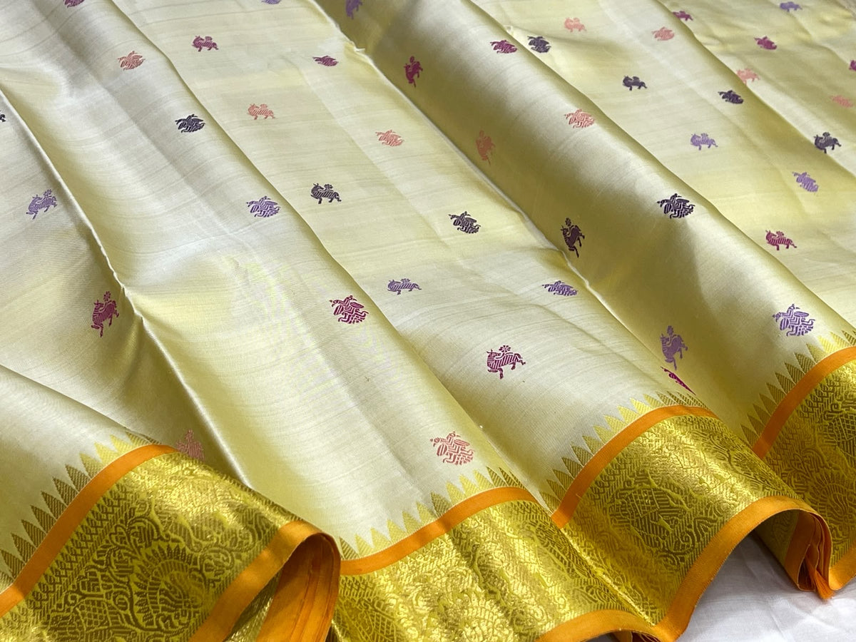 Multicolour Gandaberunda butta on Warm Ivory Kanjipuram silk saree - Idam Living