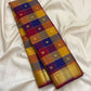 Royal Blue Purple Mustard and Copper Rust checked Kanjivaram pure silk saree.