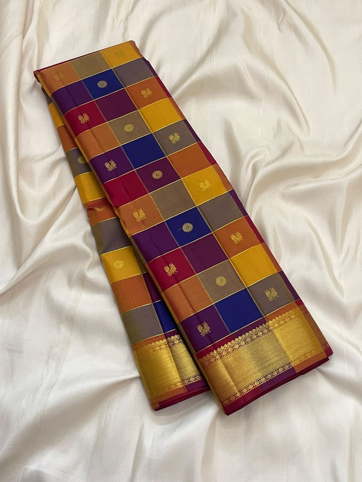 Royal Blue Purple Mustard and Copper Rust checked Kanjivaram pure silk saree.