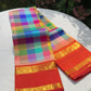 Multicolour Kancheepuram pure silk saree in Kanchi Kattam checks with kumkumam red Rettapet border and gold peacock zari