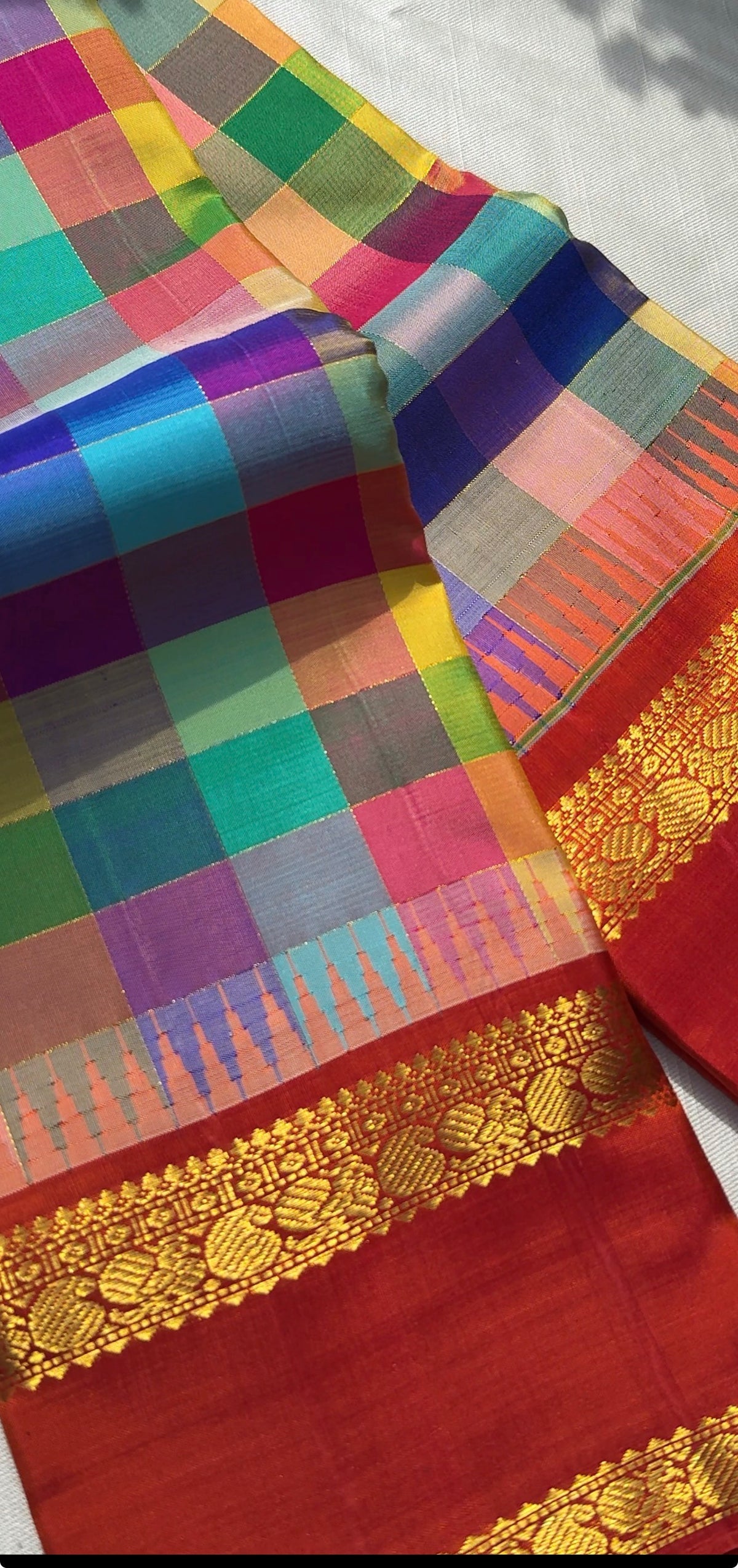 Multicolour Kanchi Kattam 4-ply pure silk Kanchipuram saree with red Rettapet border