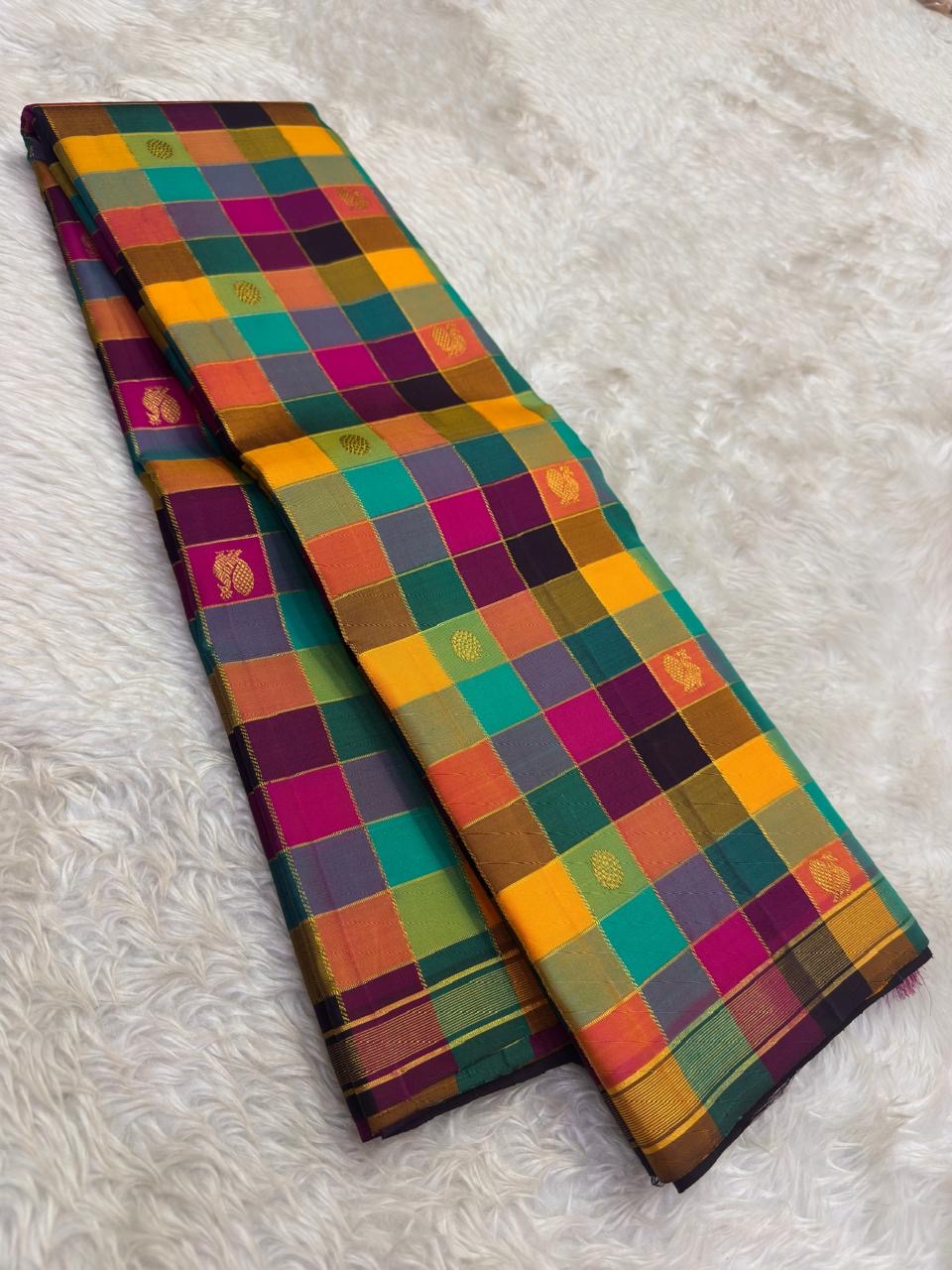 Pure Kanchipuram silk saree with multicolour zari kattam checks and traditional zari buttas