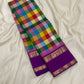 Multicolour Jewel Box Checks Handwoven Pure Silk Kancheepuram Saree with Violet Rettapet Border, woven motif and zari detail