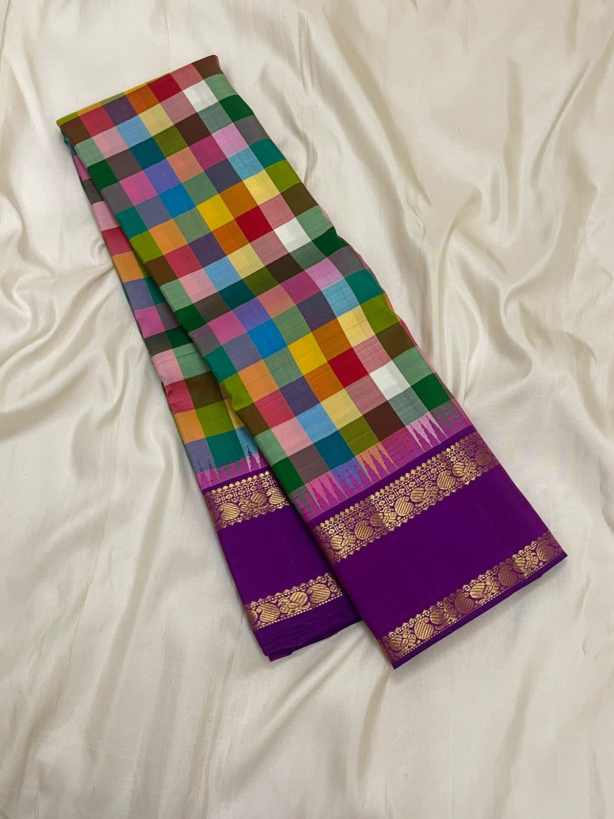 Multicolour Jewel Box Checks Handwoven Pure Silk Kancheepuram Saree with Violet Rettapet Border, woven motif and zari detail
