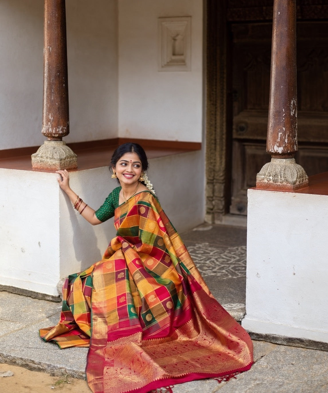 Lightweight Pure Silk Kanchipuram Paalum Pazhamum saree with joyful multicolour checks and classic gold zari.