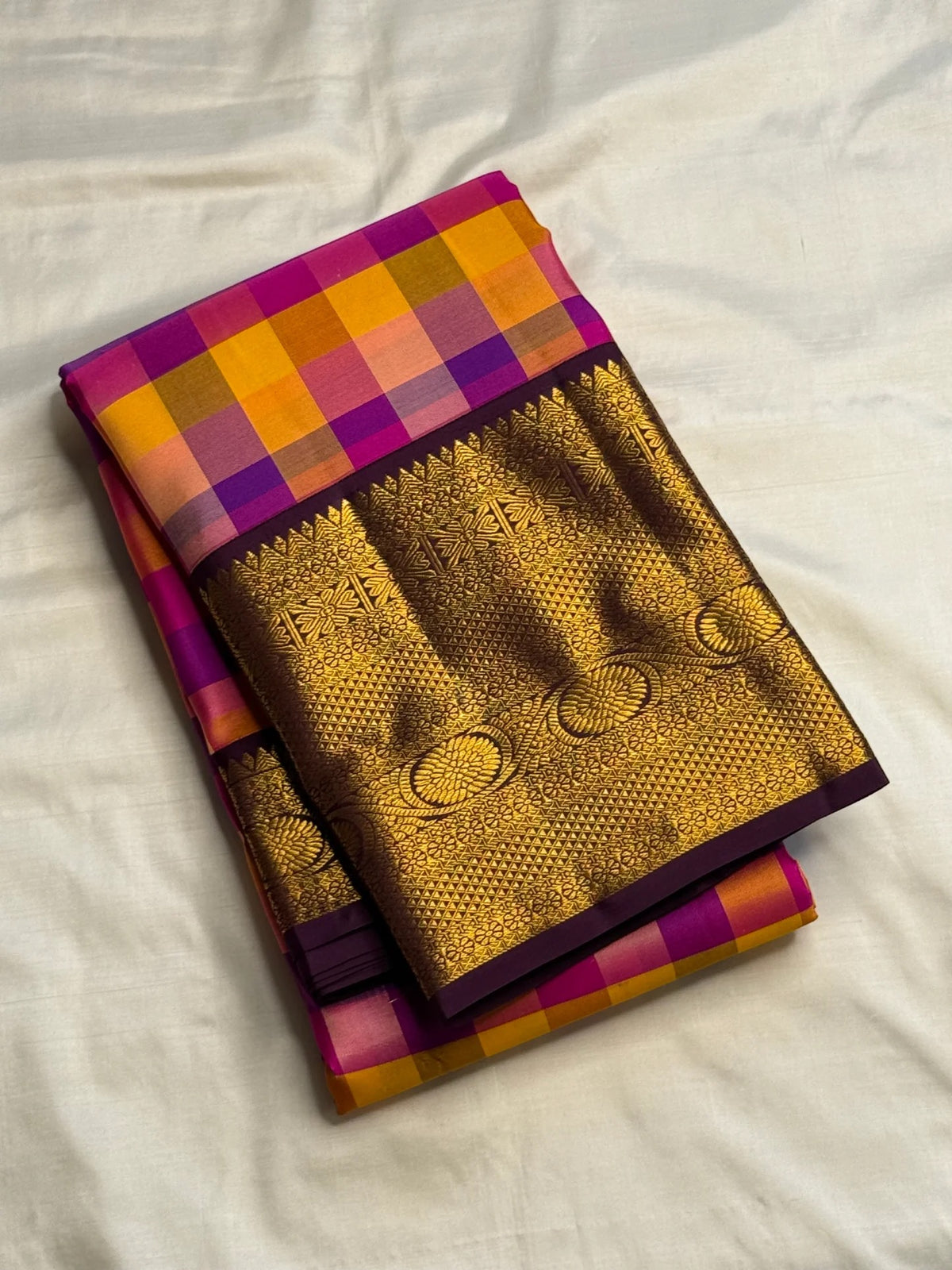 Multicolour Handwoven Pure Silk Kanjivaram Paalum Pazhamum Saree with Aubergine Gold Zari Border