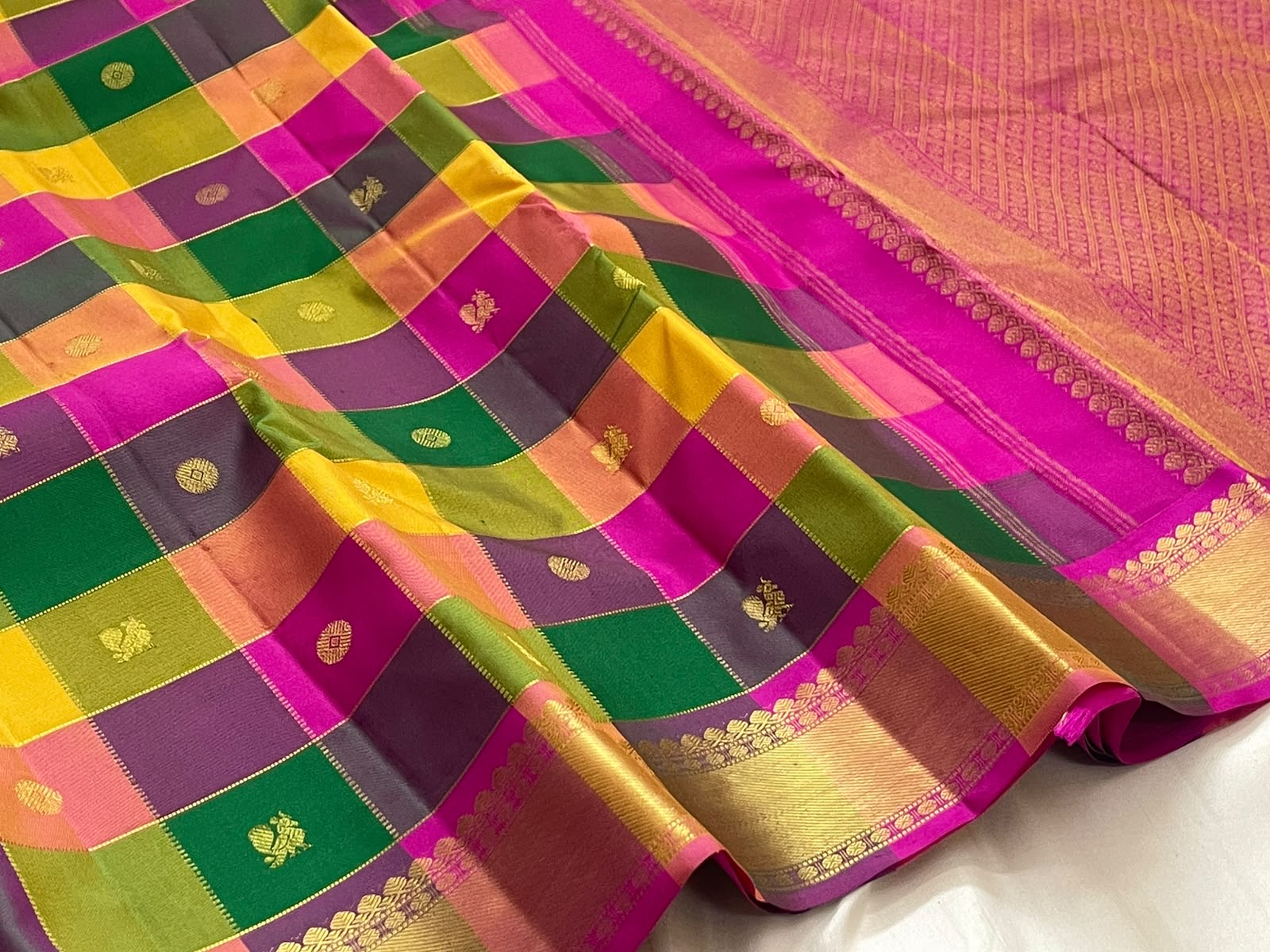 Multicolour Paalum Pazhamum Kanchipuram saree with Mayil Chakram motifs, full view