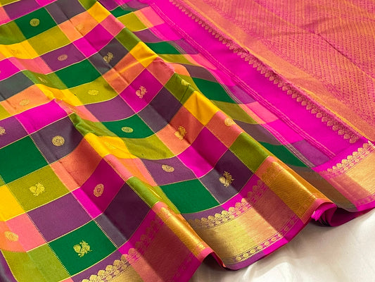 Multicolour Paalum Pazhamum Kanchipuram saree with Mayil Chakram motifs, full view