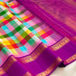 Multicolour Paalum Pazhamum Kanchipuram saree with purple Rettapet border, draped view