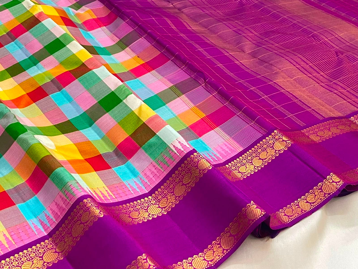 Multicolour Paalum Pazhamum Kanchipuram saree with purple Rettapet border, draped view