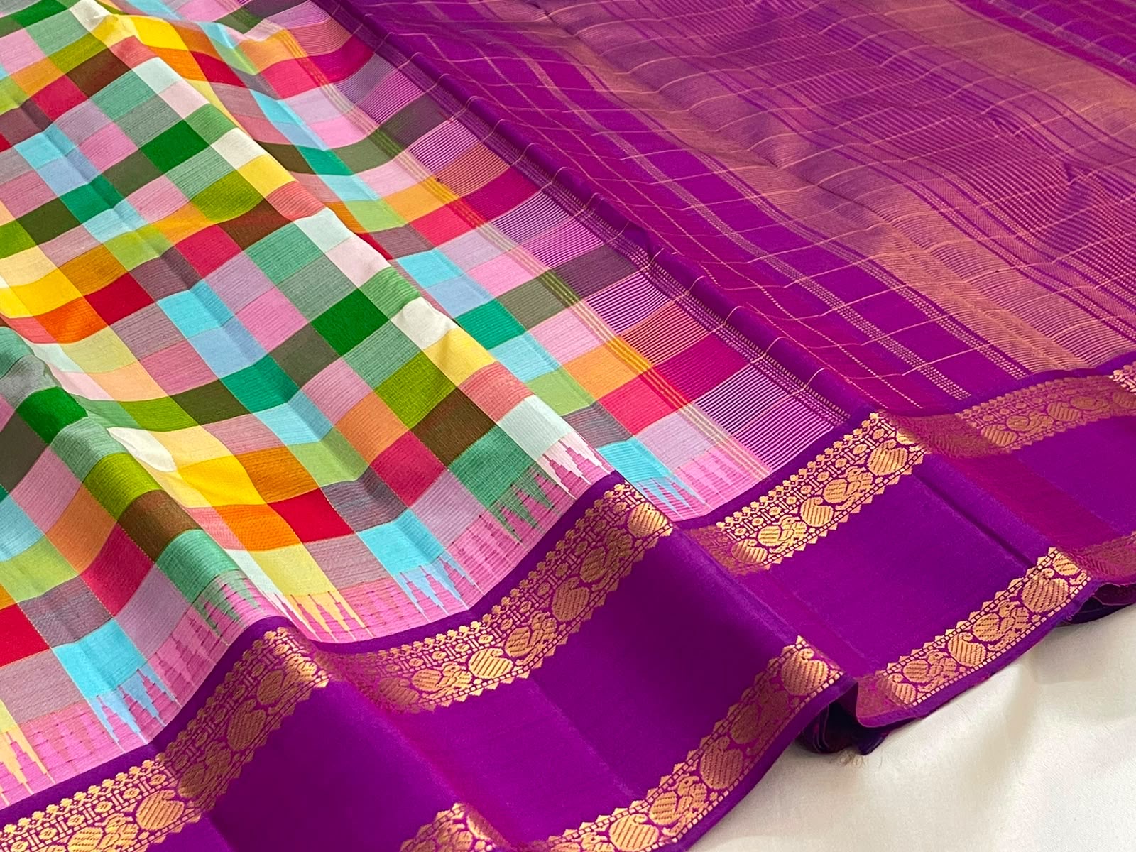 Multicolour Paalum Pazhamum Kanchipuram saree with purple Rettapet border, draped view