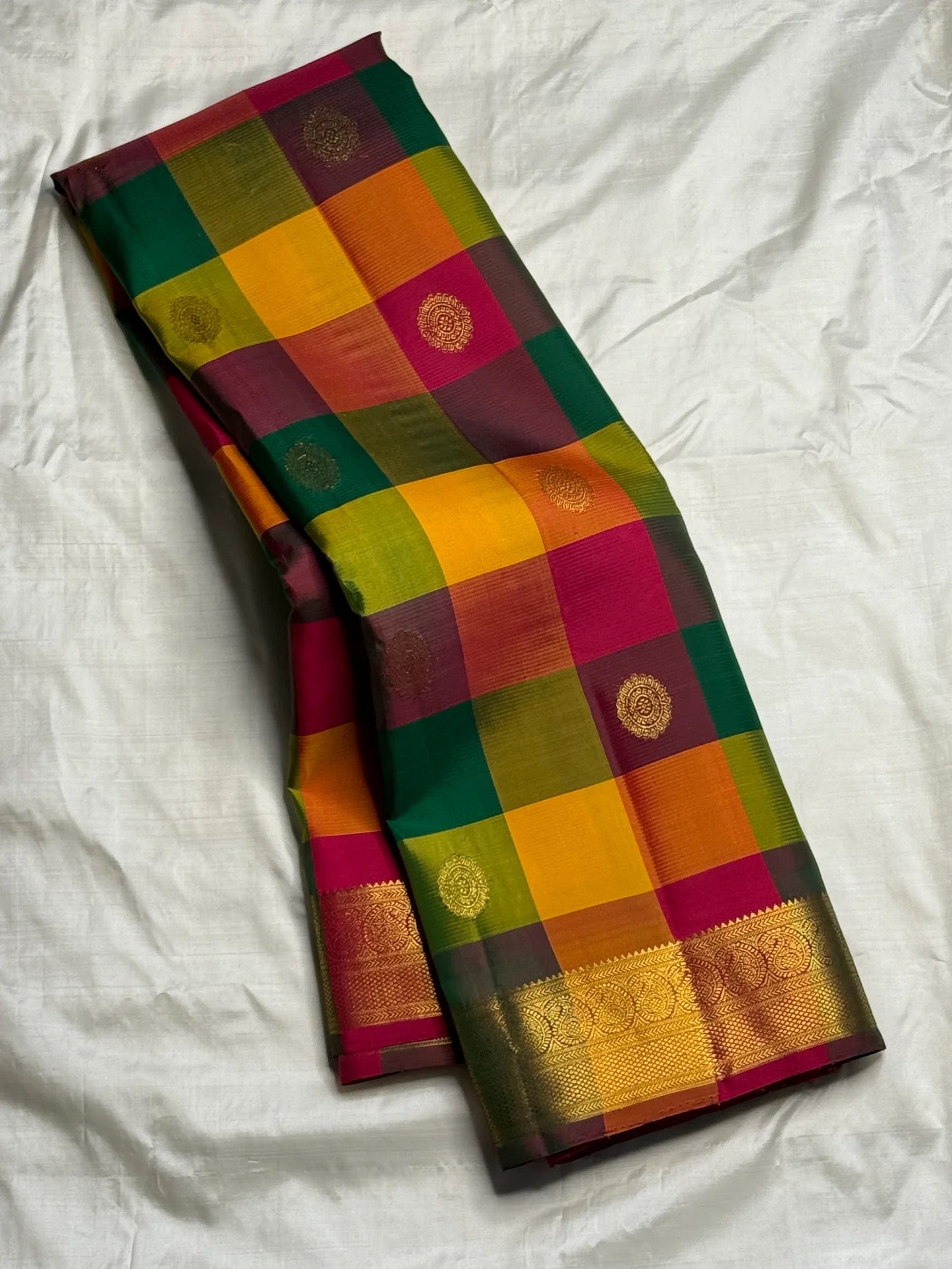 Multicolour pure silk Kanjivaram saree — paalum pazhamum, full drape