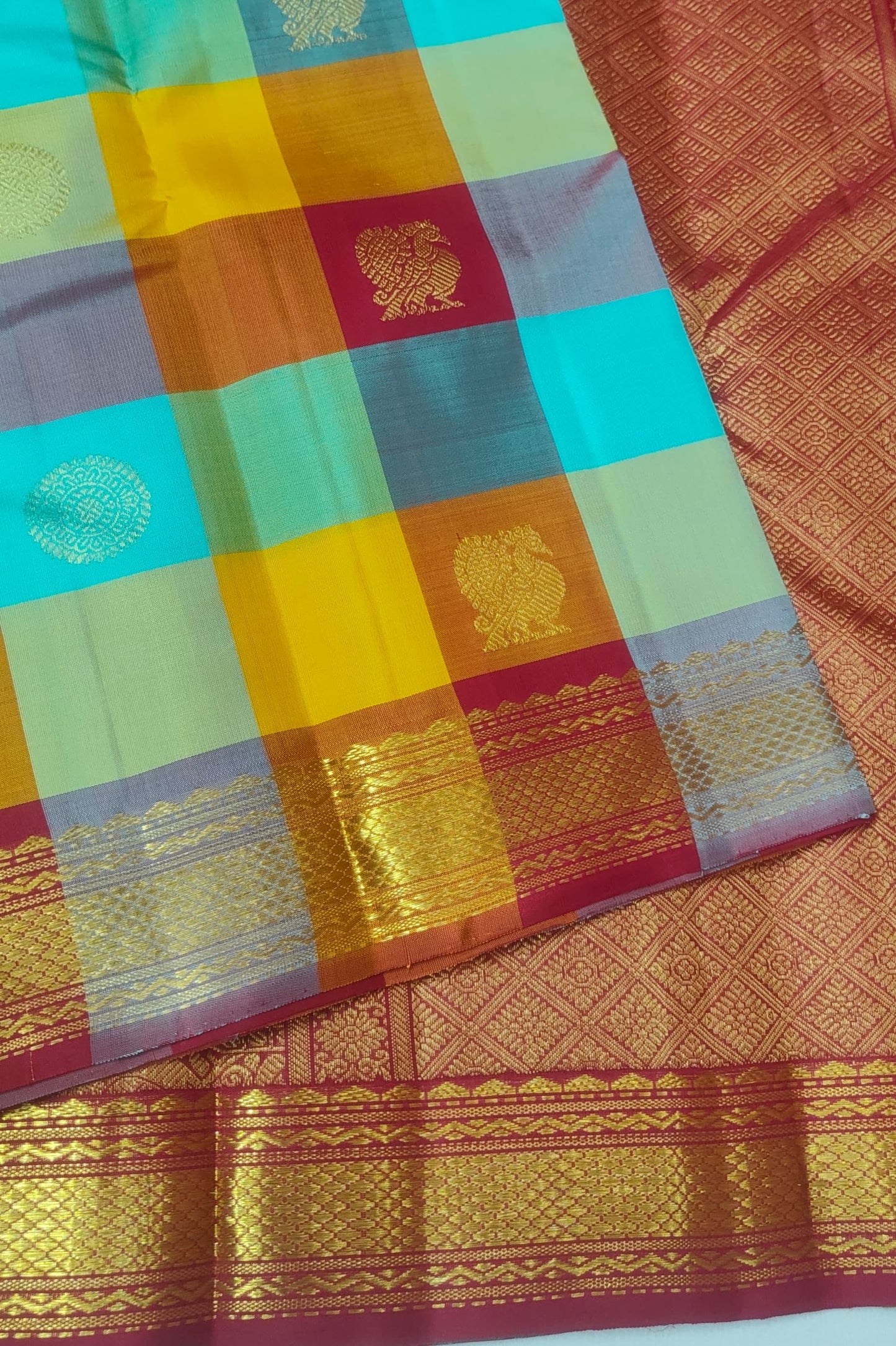 Multicolour Handwoven Pure Silk Kanjeevaram Saree with Paalum Pazhamum Weave