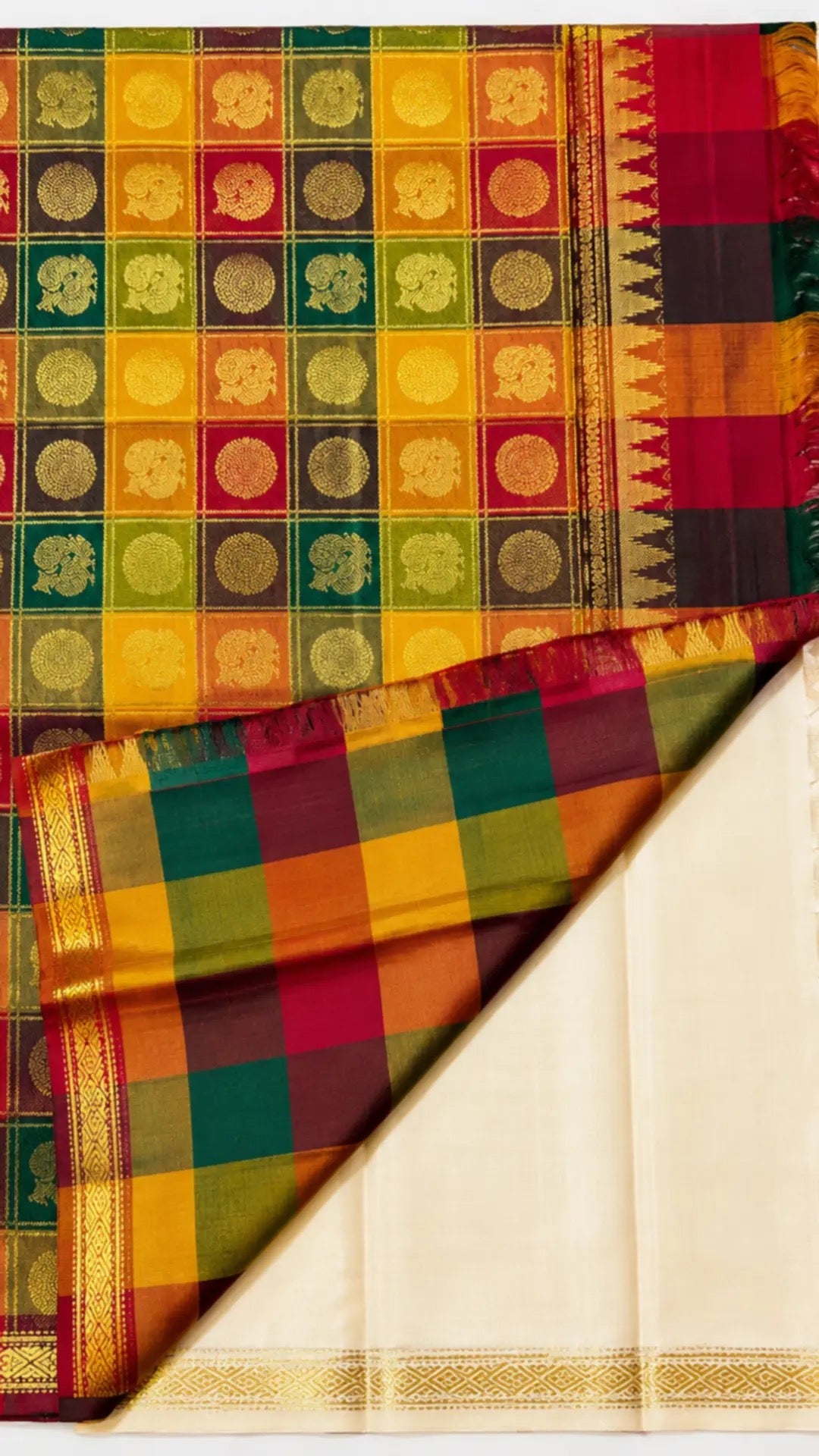 Multicolour Paalum Pazhamum pallu with mustard green maroon and orange silk checks.