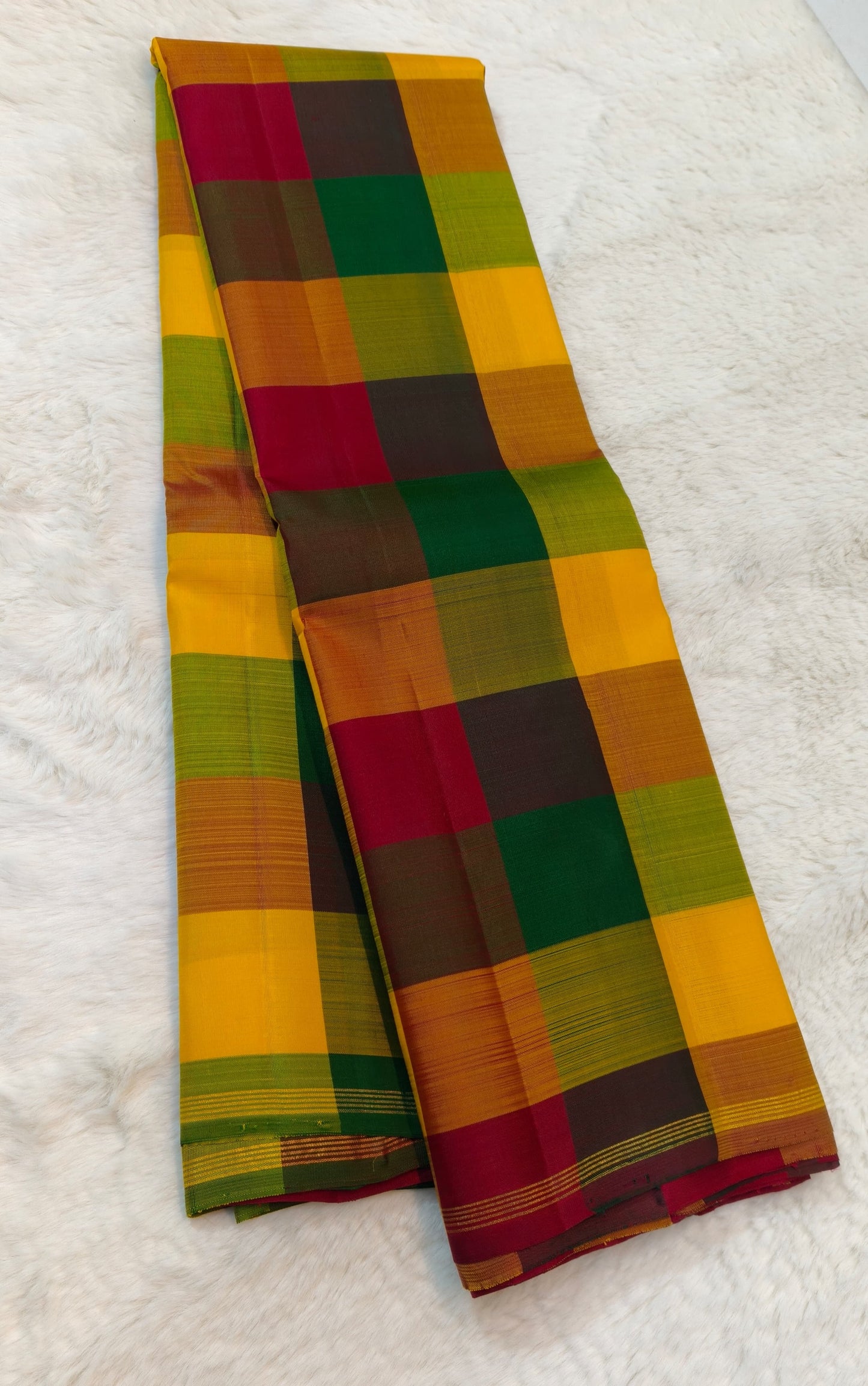 Multicolour Handwoven Pure Silk Kanjivaram Saree with Paalum Pazhamum Checks and Maroon Zari Pallu