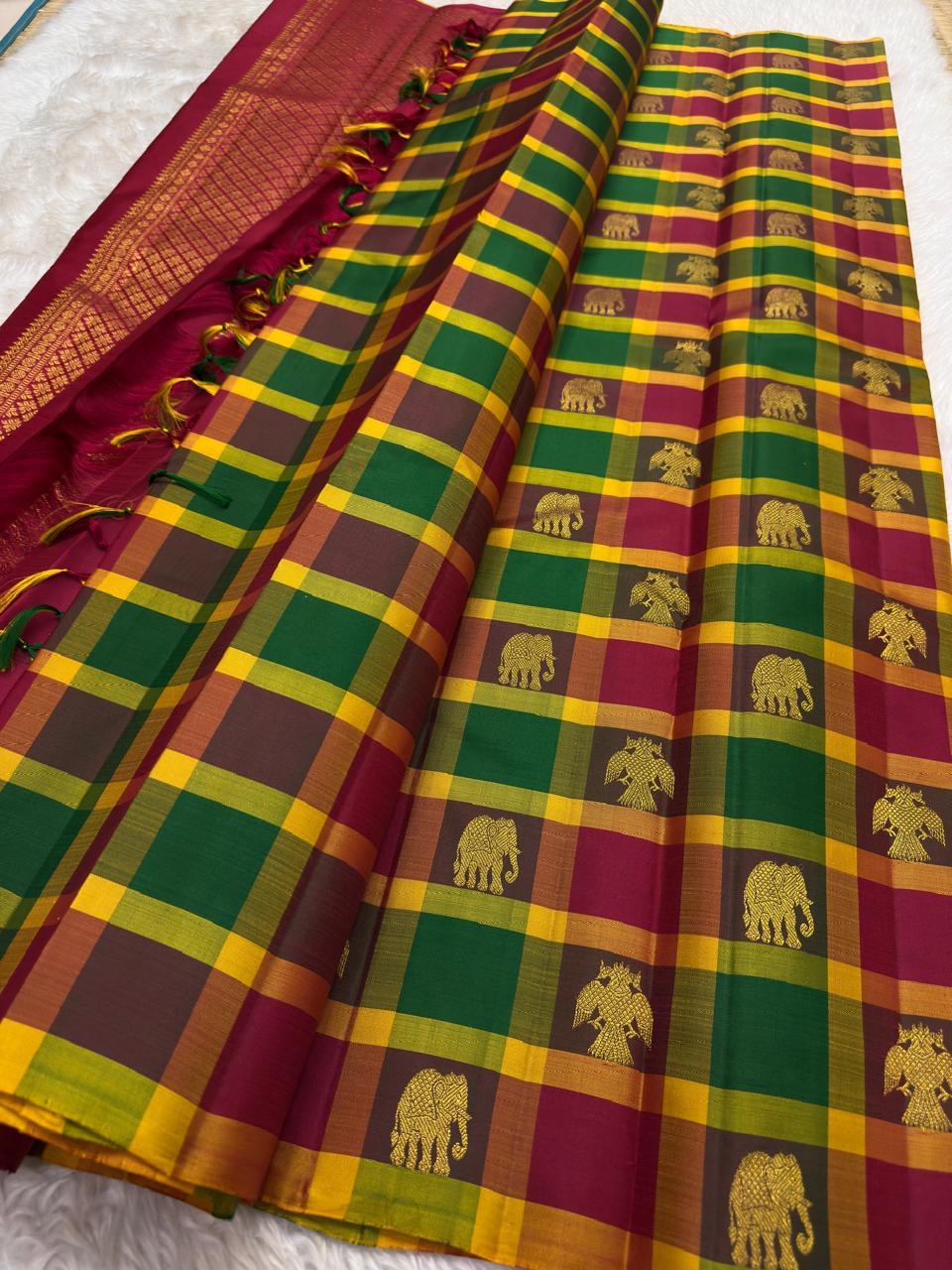 Handwoven multicolour Kanchipuram silk saree with precision checker pattern