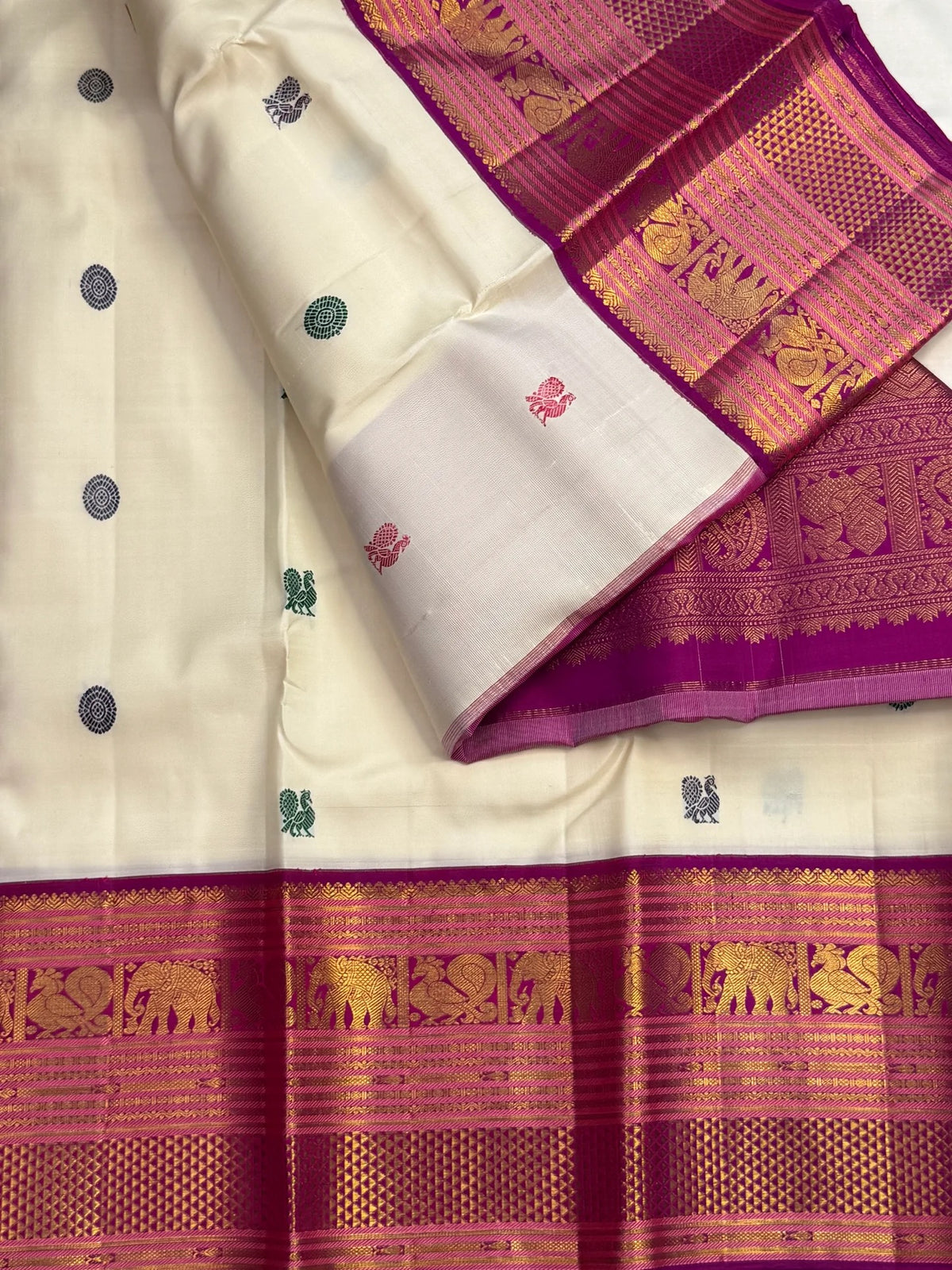Multicolour silk thread buttas on ivory Kanchipuram Varisaipet pure silk