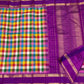 Multicolour Jewel Box Checks Handwoven Pure Silk Kancheepuram Saree with Violet Rettapet Border, folded saree presentation