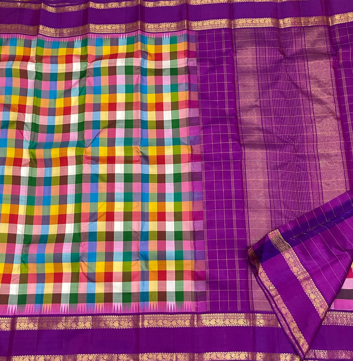Multicolour Jewel Box Checks Handwoven Pure Silk Kancheepuram Saree with Violet Rettapet Border, folded saree presentation