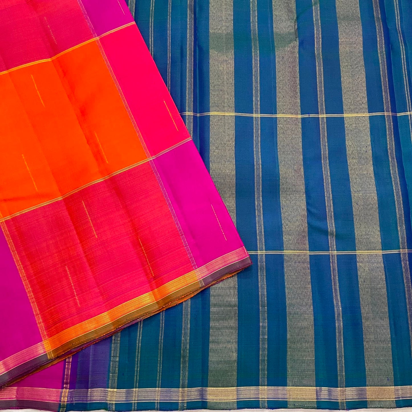 Multicoloured handwoven pure silk Kanchi Pattu saree with oversized Paalum Pazhamum checks, draped view