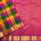 Multicoloured handwoven pure silk Kanjivaram Paalum Pazhamum saree with Mayil Chakram and gold zari border, styled view