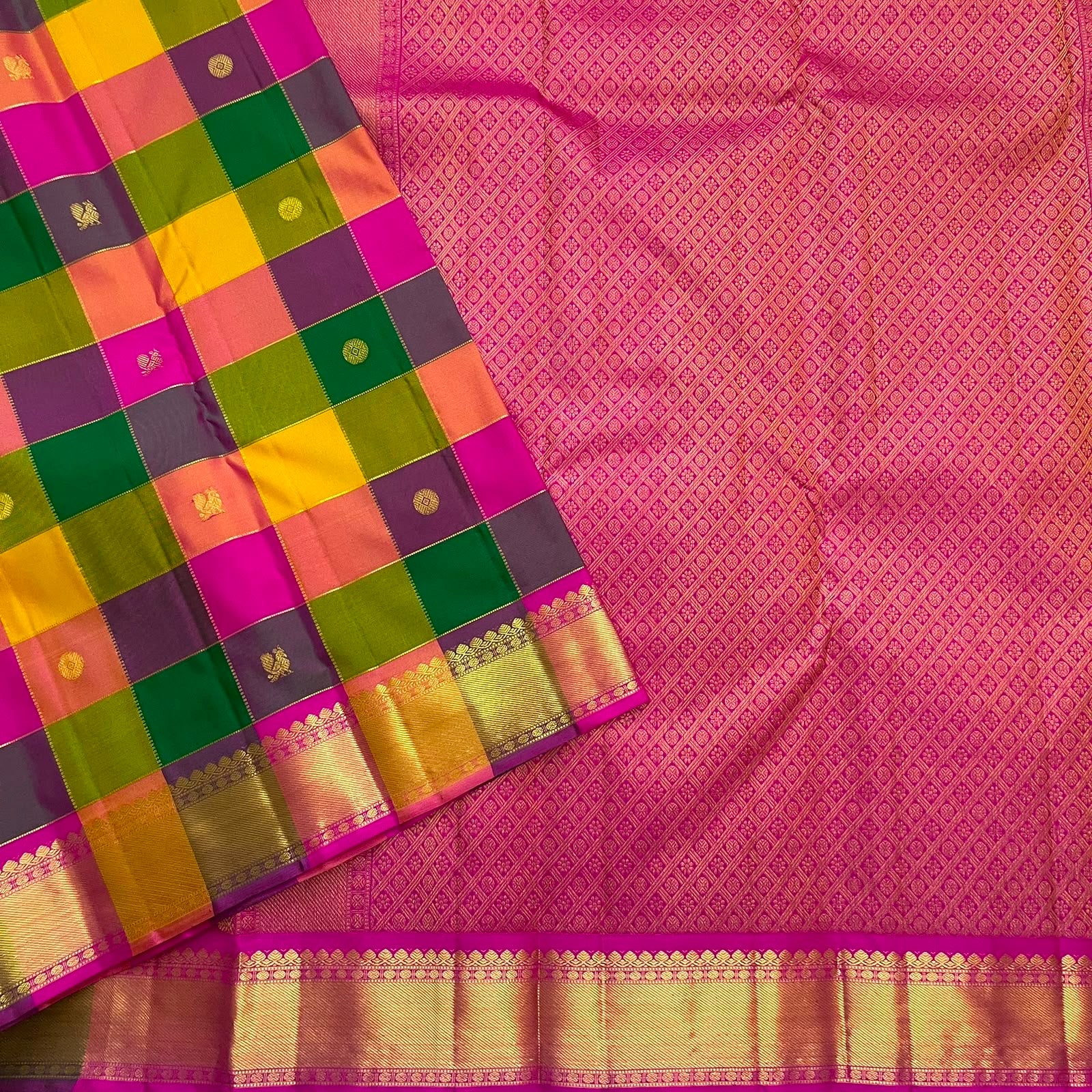 Multicoloured handwoven pure silk Kanjivaram Paalum Pazhamum saree with Mayil Chakram and gold zari border, styled view