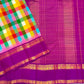 Multicoloured handwoven pure silk Kanchipuram saree with royal purple Rettapet border, styled view