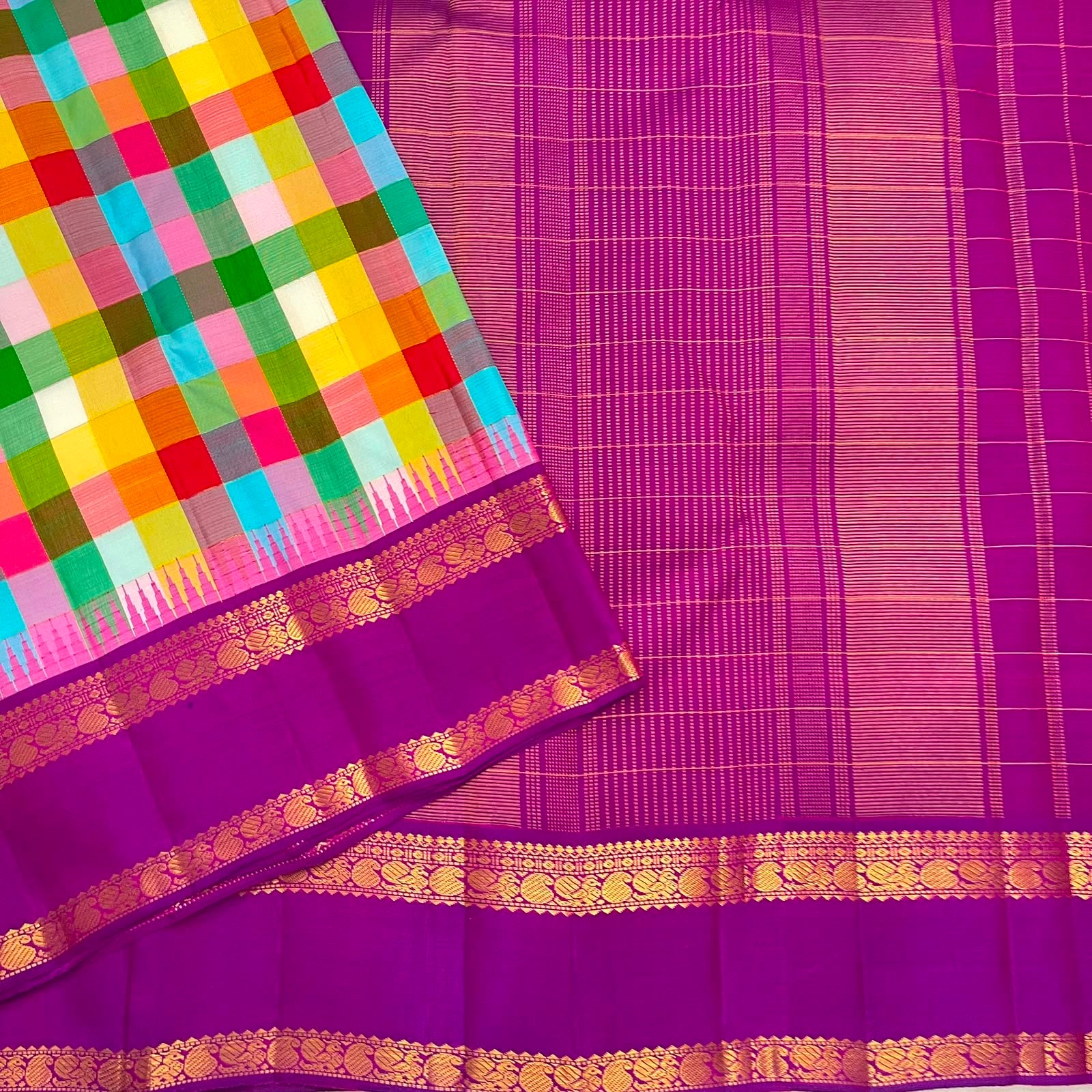 Multicoloured handwoven pure silk Kanchipuram saree with royal purple Rettapet border, styled view