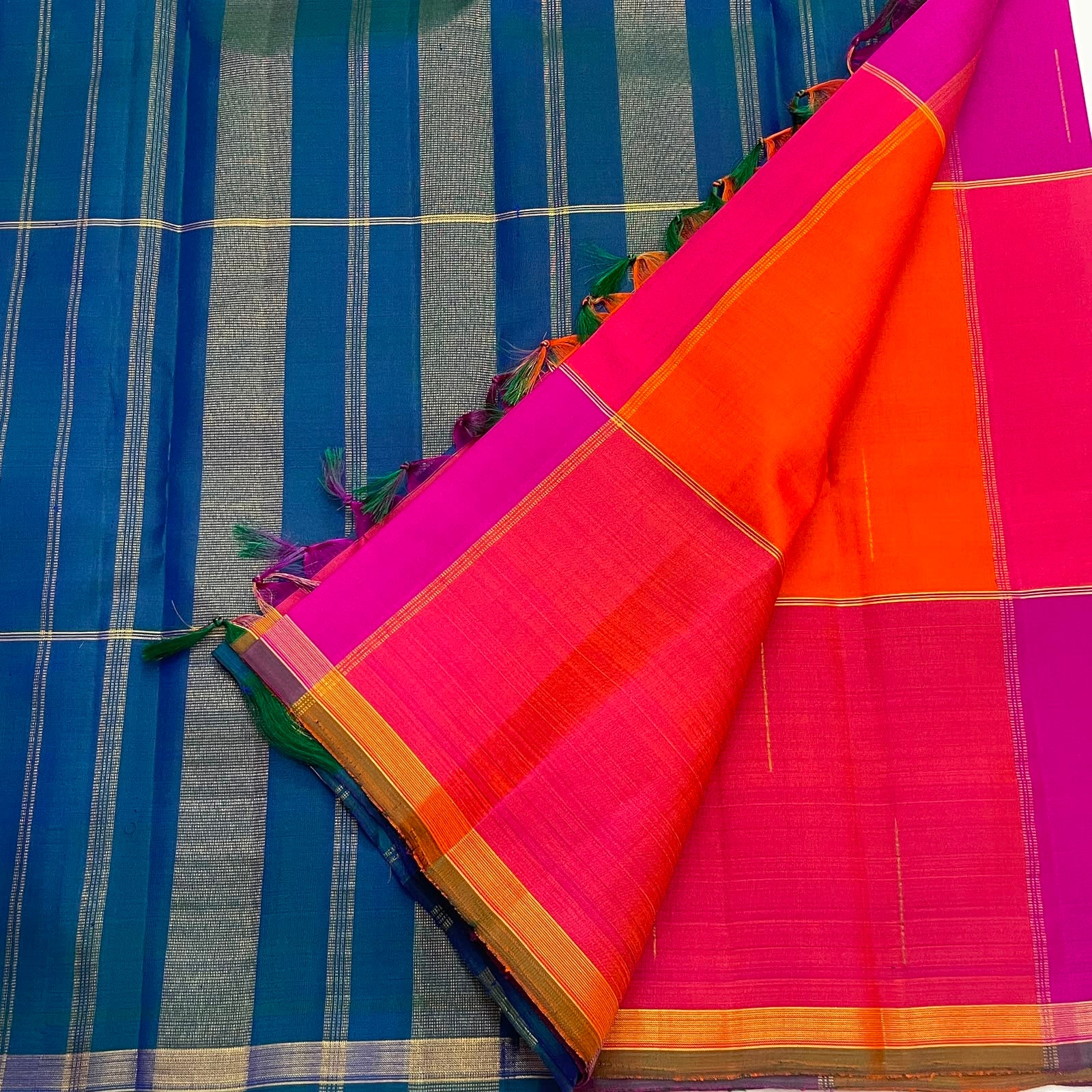 Multicoloured Kanchi Pattu saree with bold Paalum Pazhamum checks, close-up