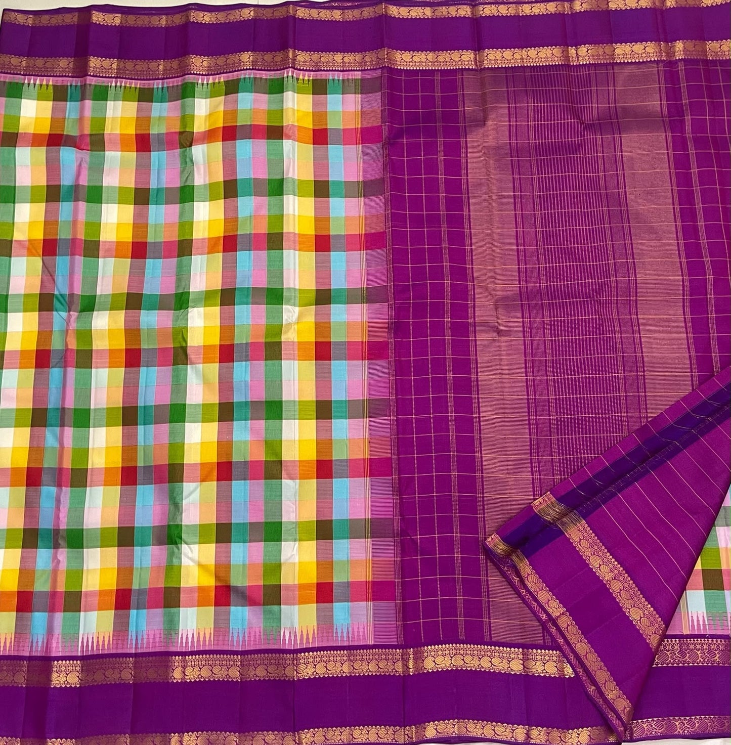 Multicoloured Kanchipuram Paalum Pazhamum saree, folded view