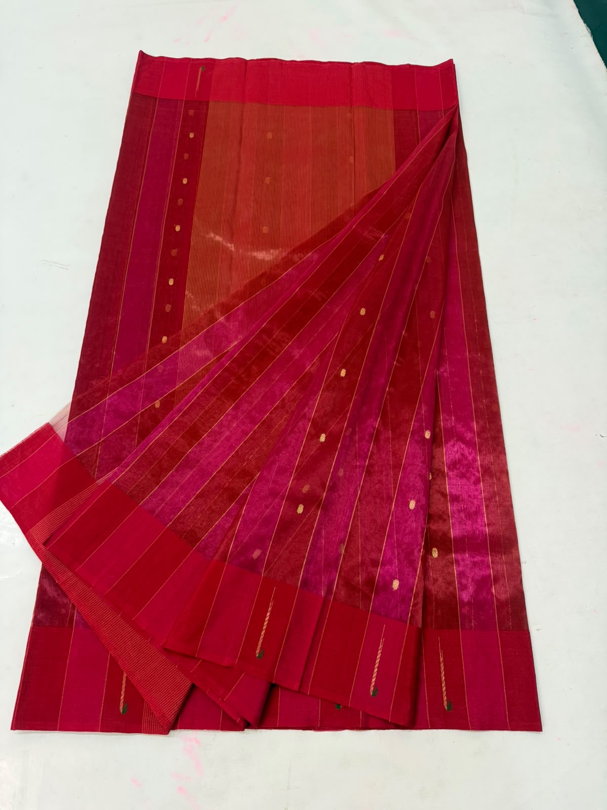 Close-up of the Muniya-style hand-painted border detail with green accents on a Rani Pink Tissue Silk Chanderi saree