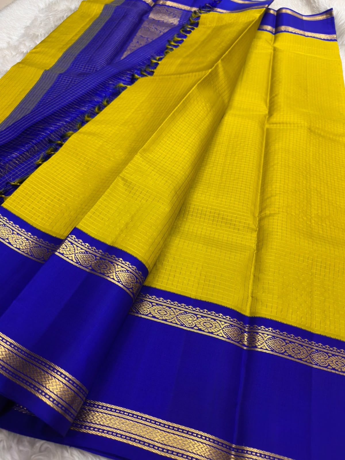 Royal blue rettapet border with gold zari bands on mustard Kanchipuram korvai silk saree — Idam Living