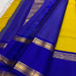 Full view of mustard and royal blue pure silk Kanchipuram saree with zari kattam body — Idam Living