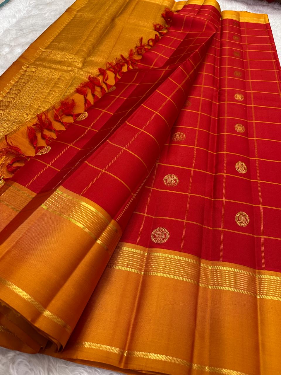 Classic Red pure silk Kanjeevaram saree — mustard border