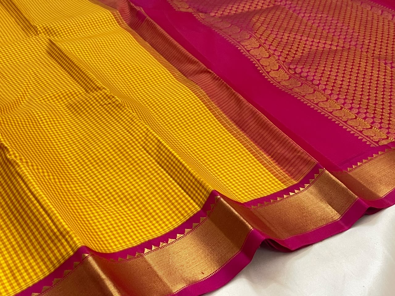 Mustard Gold Handwoven Pure Silk Kancheepuram Saree with Kanchi Kattam Weave
