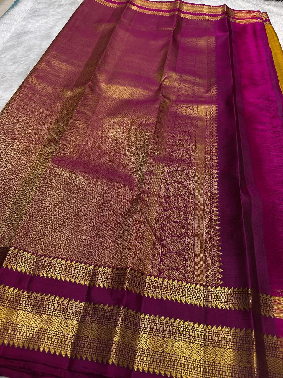Vadamalli Purple Kanjivaram border with detailed antique gold wedding procession motifs