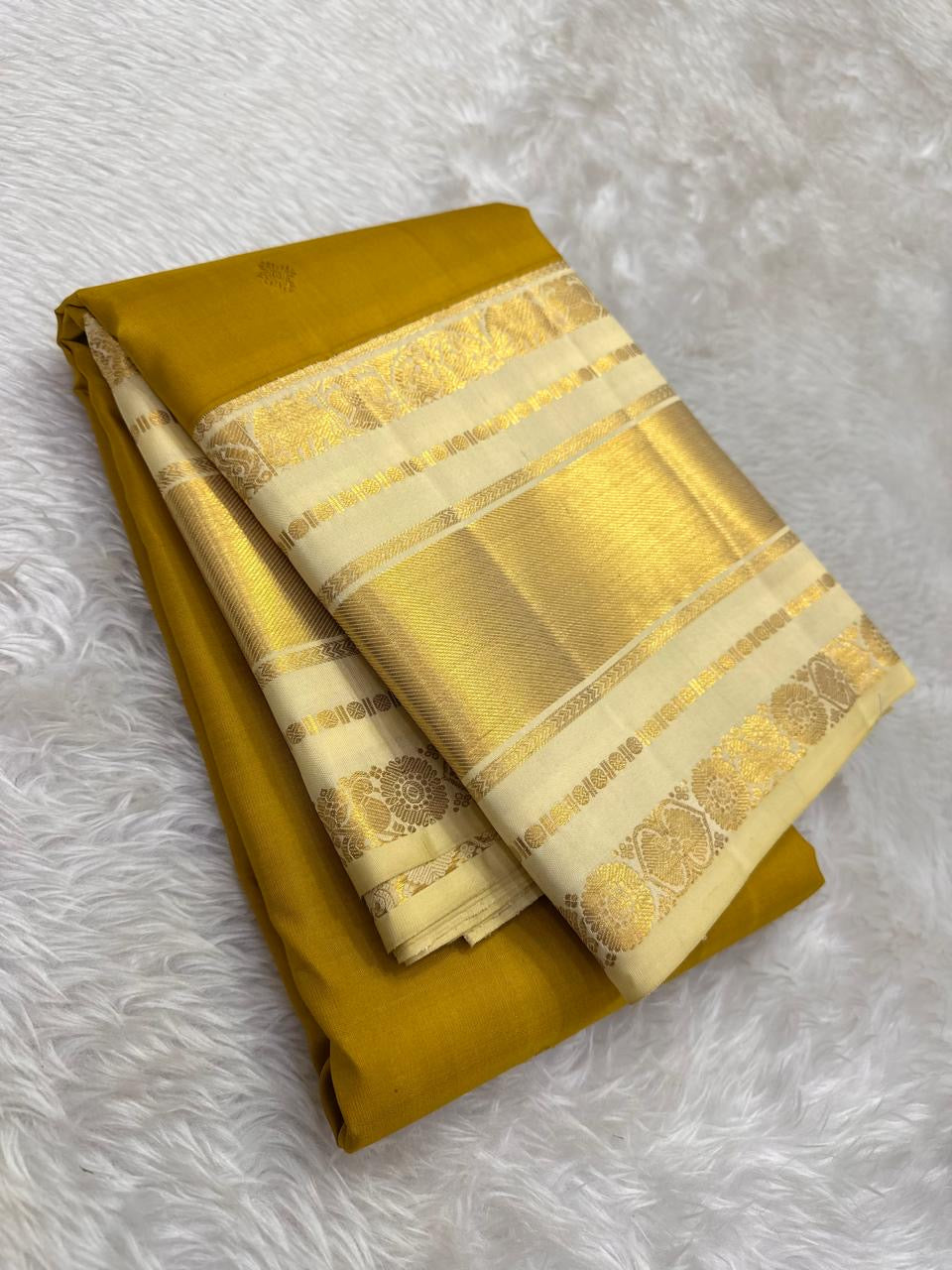 Mustard gold Kanjipuram pure silk saree with ivory Varisaipet border — Idam Living
