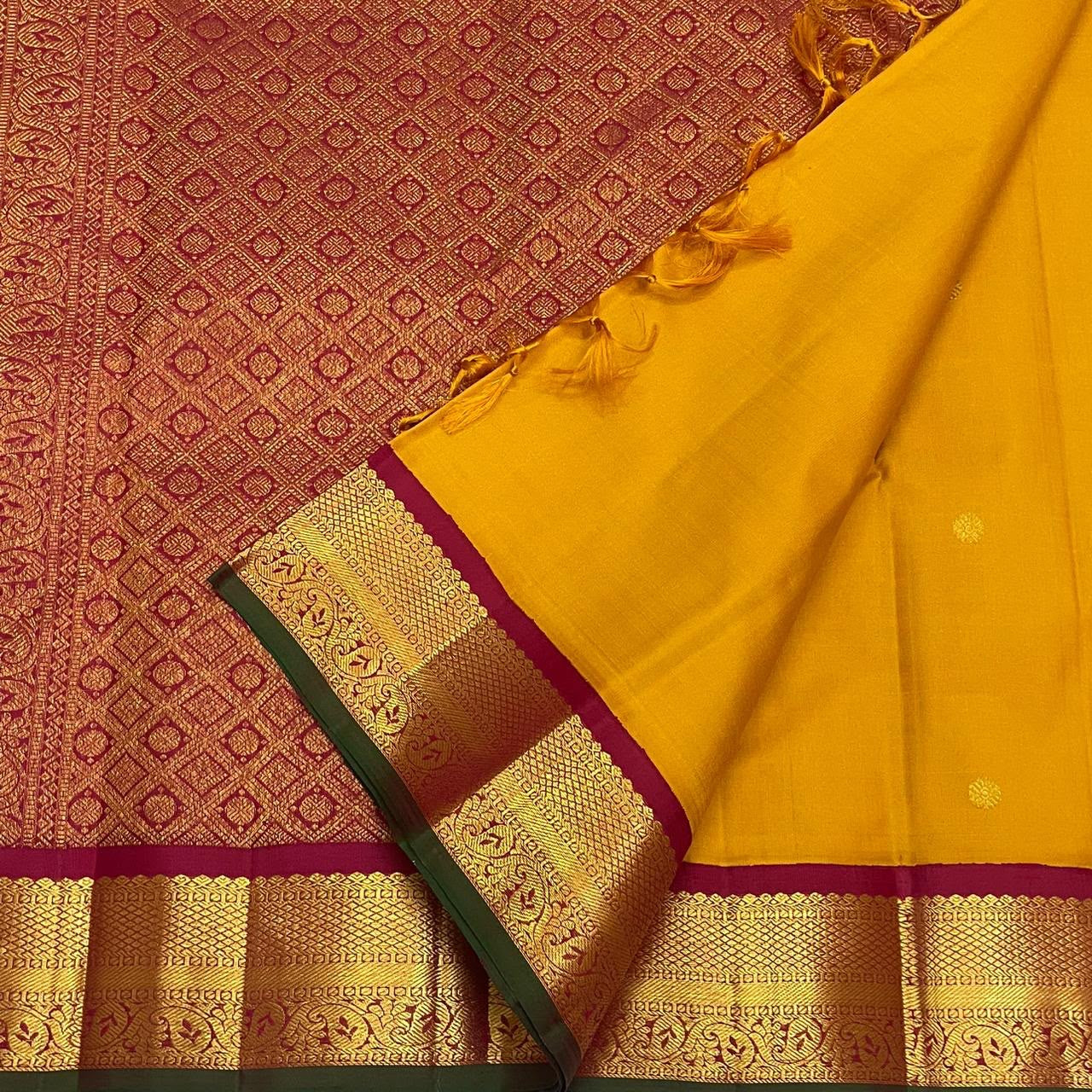 Mustard Gold Handwoven Pure Silk Kanchipuram Saree with Maroon Korvai Border