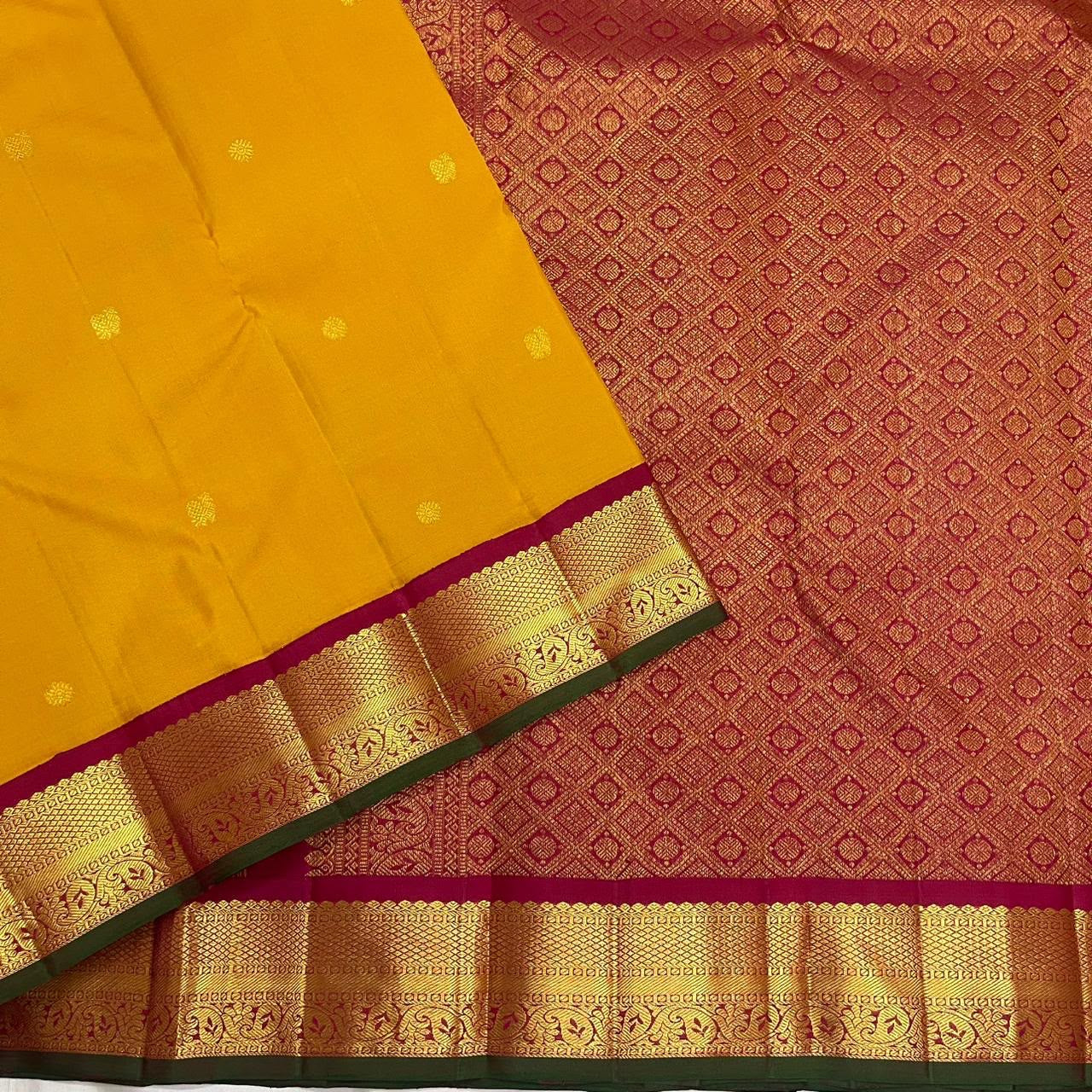 Mustard Gold Handwoven Pure Silk Kanchipuram Saree with Maroon Korvai Border