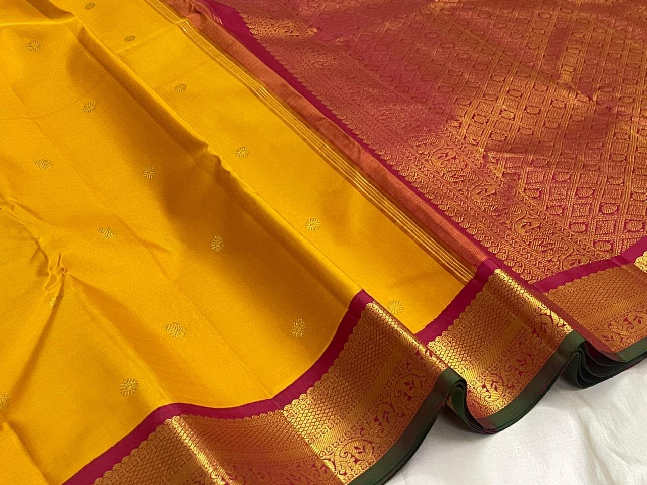 Mustard Gold Handwoven Pure Silk Kanchipuram Saree with Maroon Korvai Border