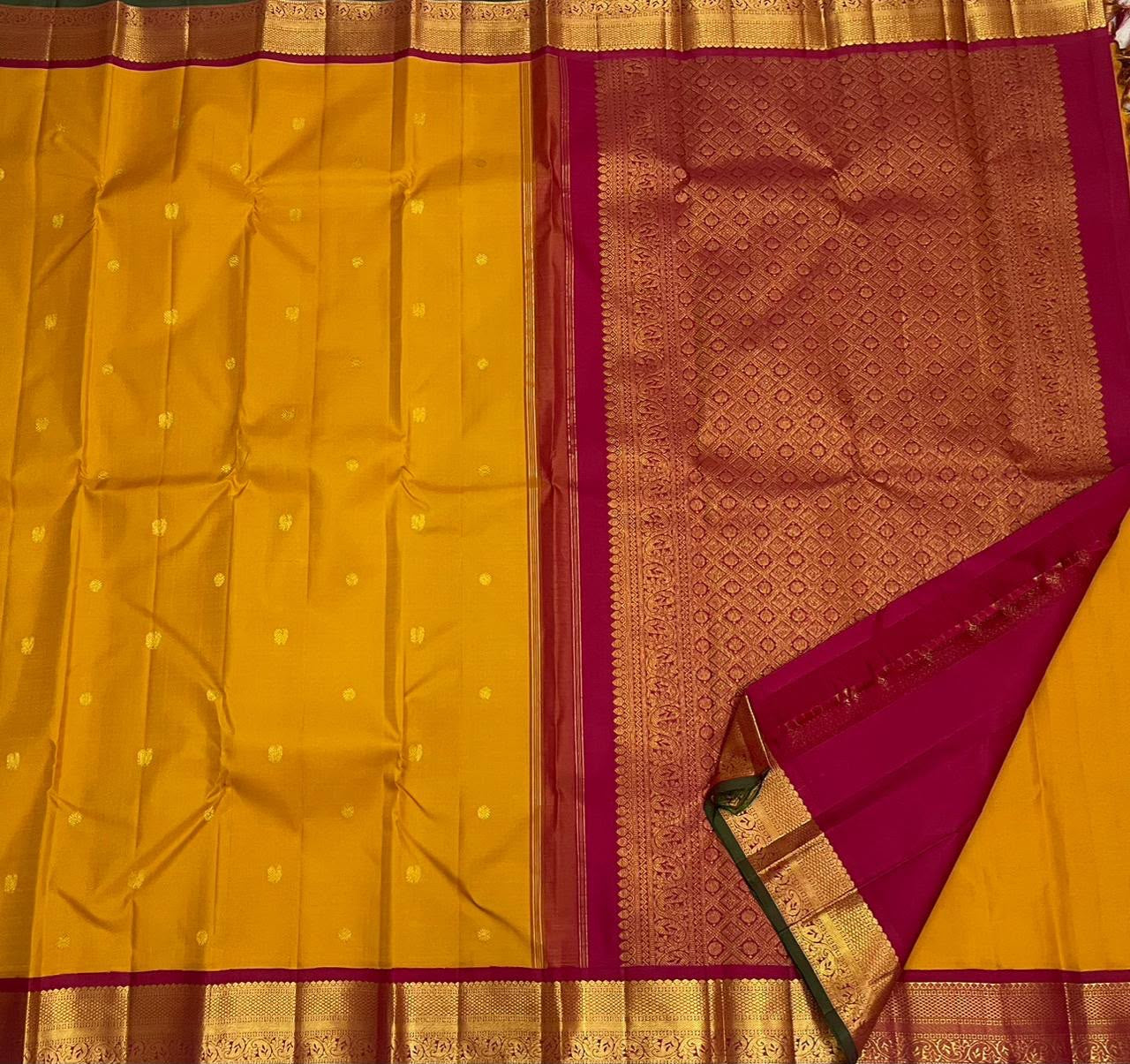 Mustard Gold Handwoven Pure Silk Kanchipuram Saree with Maroon Korvai Border