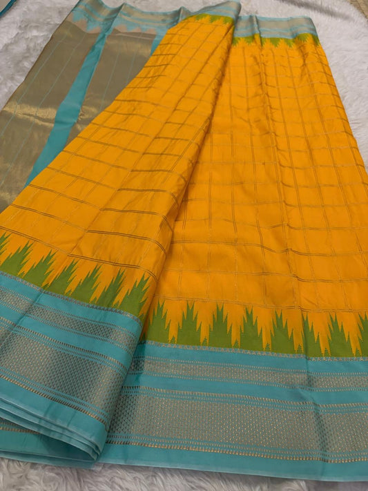 Golden Mustard Lightweight Pure Silk Kanchipuram Silk Thread Kattam Saree with Turquoise Blue Border